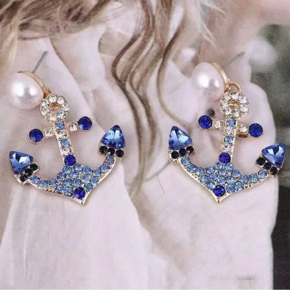 Faux Pearl and Blue Rhinestone Anchor Earrings - Picture 3 of 4